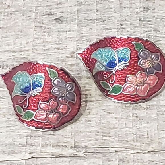VINTAGE CLOISONNE Floral Clip-on Earrings - Picture 1 of 6